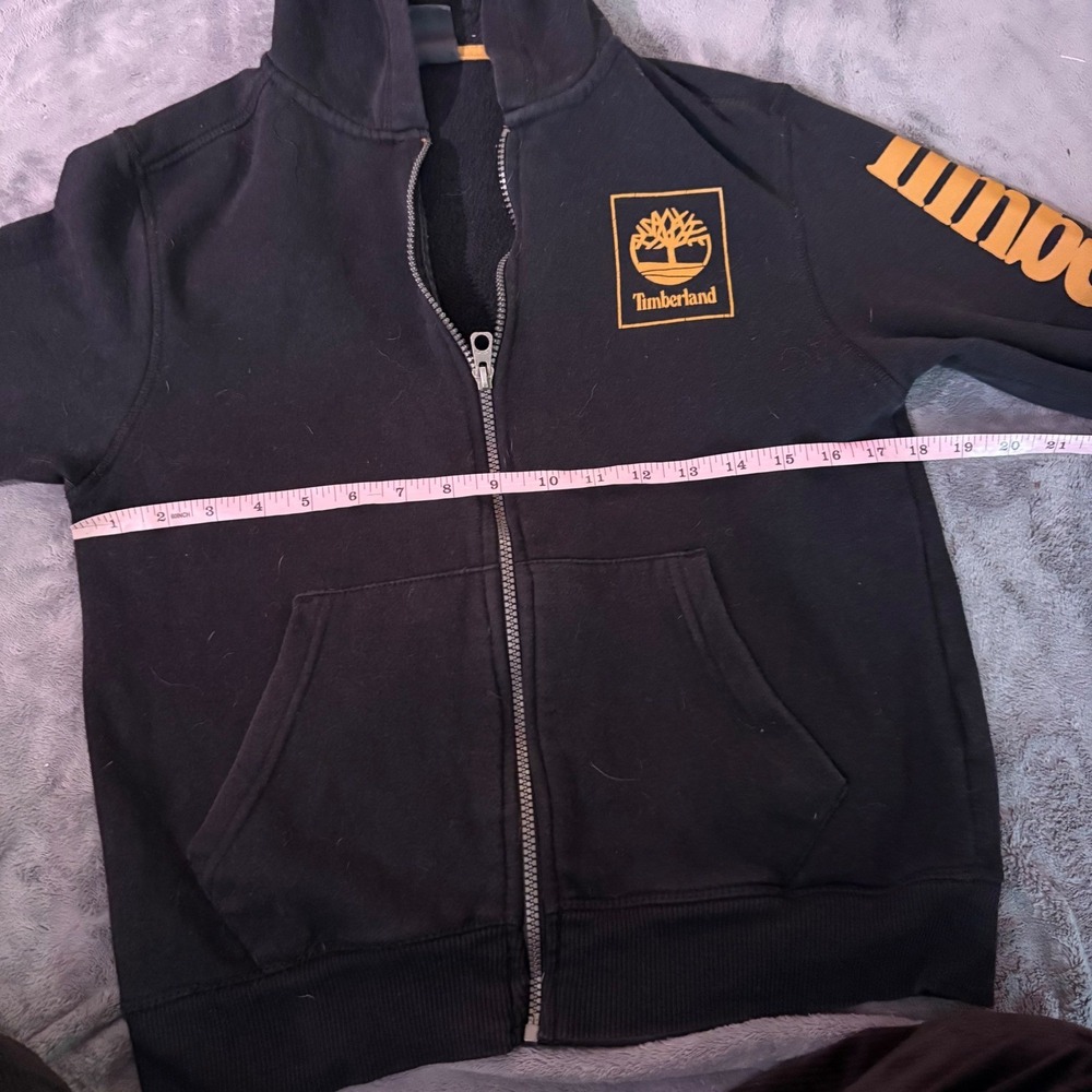 Timberland Black Zip Up Hoodie Logo Sleeve Graphic Fleece Lined Kids M 10 12 - Picture 7 of 14